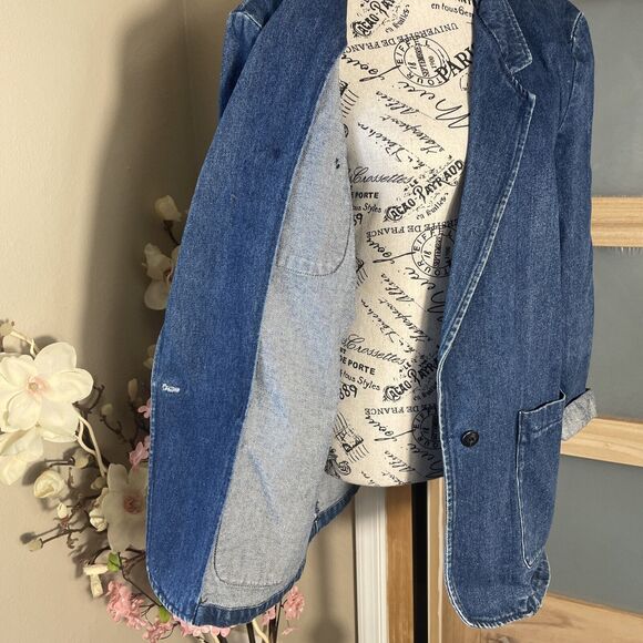 Eddie Bauer Denim Blazer with Pockets Retro Vintage Cuffed Sleeve Shoulder Pad - Picture 4 of 6